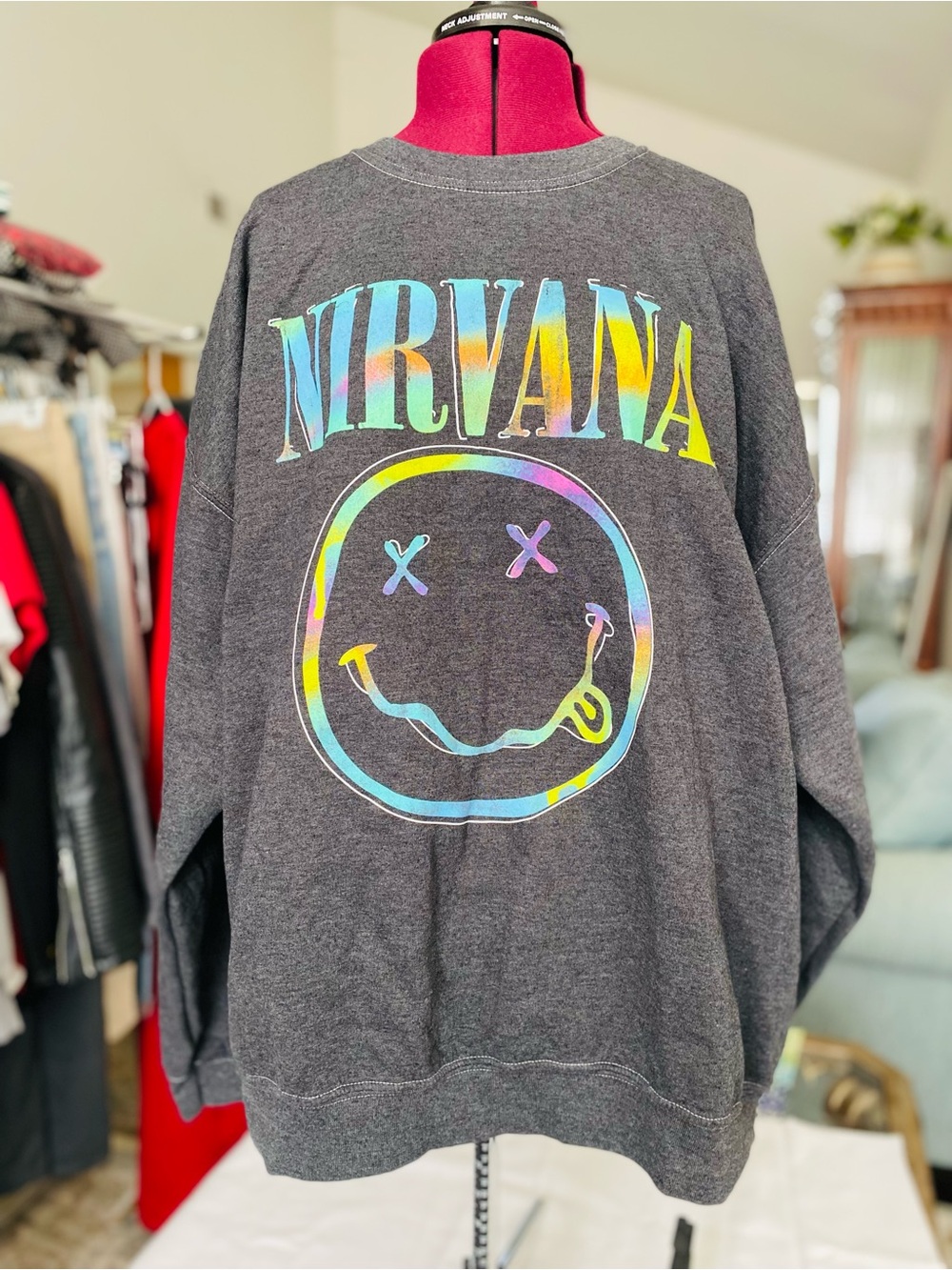 NIRVANA Charcoal Crewneck with Rainbow Smiley Graphic